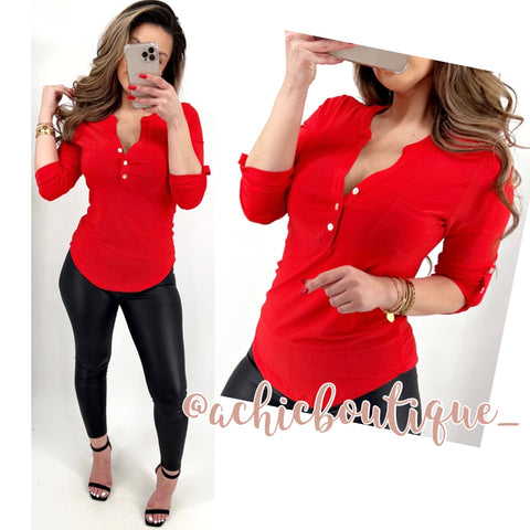 Rene Henley Blouse- Red