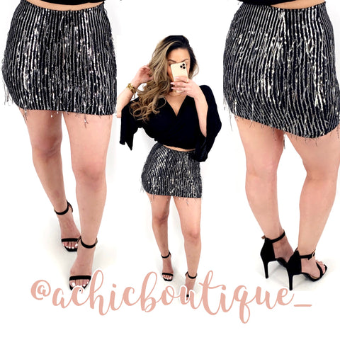 Fringe Sequins Mini Skirt- Silver