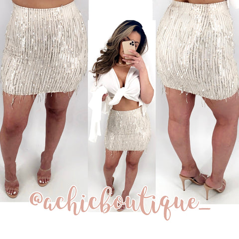 Fringe Sequins Mini Skirt- White