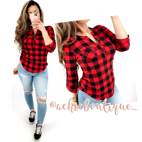 Riley Henley Top- Red Plaid